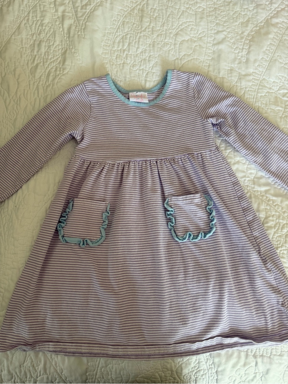 Stitchy Fish- Girls Long Sleeve Lavender Stripe Dress with Blue Trim